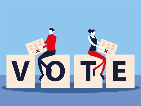 El día de las elecciones, personas con voto en la papeleta de votación — Archivo Imágenes Vectoriales