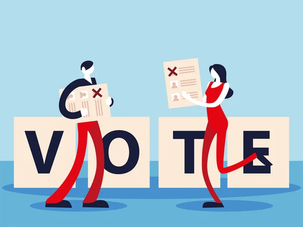 Giorno delle elezioni, persone con schede elettorali e iscrizione al voto — Vettoriale Stock