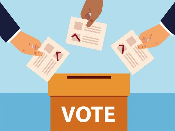Volební den, ruce s hlasovacími lístky a box — Stockový vektor