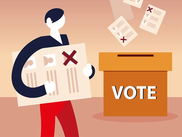 Verkiezingsdag, kartonnen doos veel stemmen stembiljet en man met papier — Stockvector