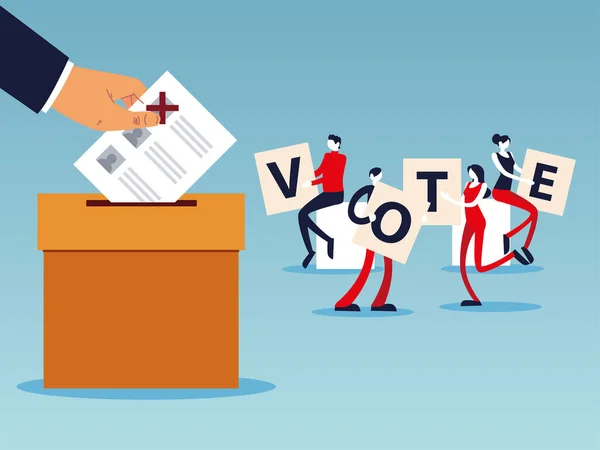 Giorno delle elezioni, persone con lettere di voto, mano con scheda elettorale in scatola — Vettoriale Stock