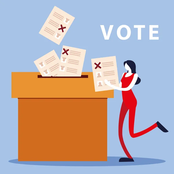 Giorno delle elezioni, donna con scheda elettorale e schede in scatola di cartone — Vettoriale Stock