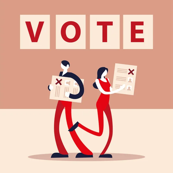 Giorno delle elezioni, uomo e uomo con voto democratico — Vettoriale Stock