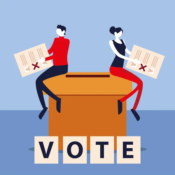 Giorno delle elezioni, uomo e donna con votazioni a scrutinio segreto — Vettoriale Stock