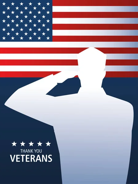 Happy veterans day, military soldier saluting and US flag — Stock Vector
