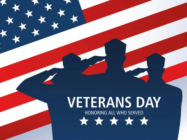 Happy veterans day, american flag with soldiers in silhouette — Stock Vector