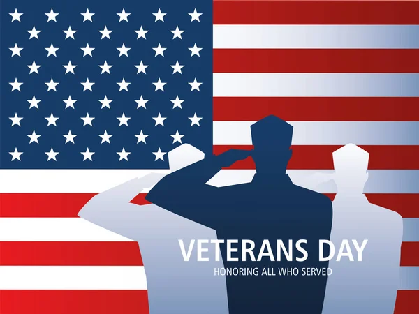 Happy veterans day, soldiers saluting american flag national — Stock Vector