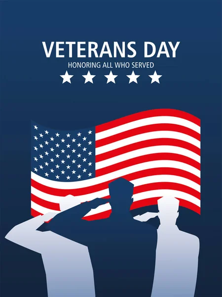 Happy veterans day, soldiers saluting US flag memorial — Stock Vector