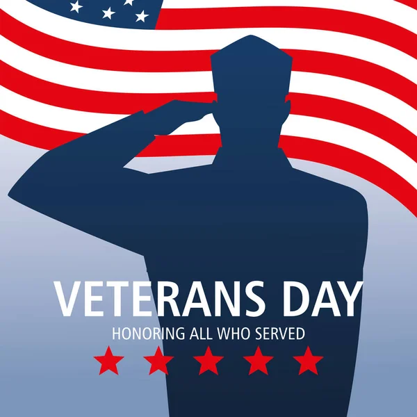 Boldog veteránok napja, amerikai zászló és katona tiszteleg — Stock Vector