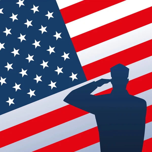 Šťastný den veteránů, voják salutující na americké vlajce — Stockový vektor