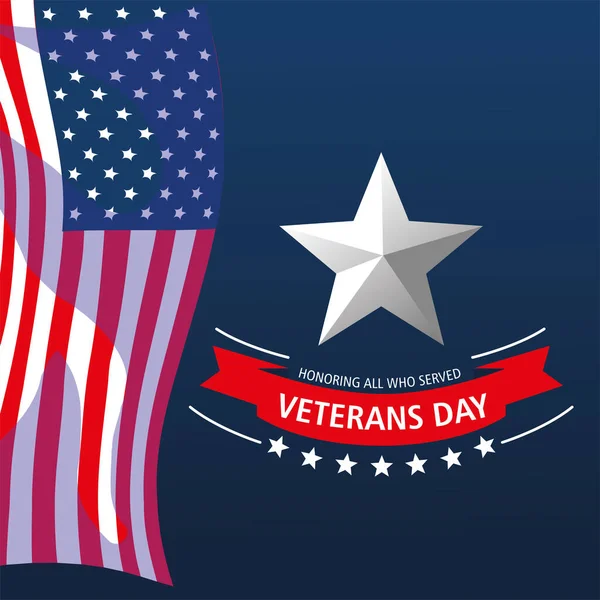 Happy veterans day, hanging waving US flag and star card — Stock Vector