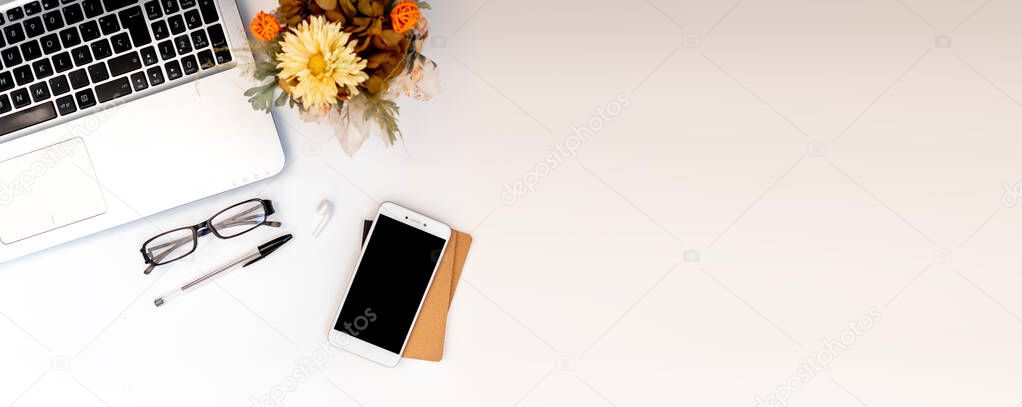 Lawyer professional workspace, modern office with laptop and phone. Mock-up, flat lay