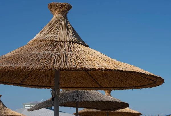 Straw Umbrellas Sea Beach Blue Sky — Stock Photo, Image