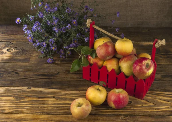 Apples Red Decorative Box Wooden Table Bouquet Autumn Flowers Background — Stock Photo, Image