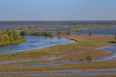 Vadi ve menderesler Desna Nehri. Sel düz taşıp orman bahar, Ukrayna.