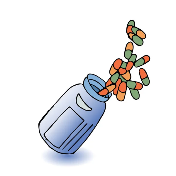 Bir kavanoz hap, hastalığın tedavisi. Beyaz arkaplanda mavi, turuncu, yeşil renkler