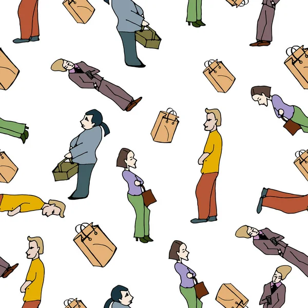 Kusursuz alışveriş şekli. Torbaları ve hediyeleri olan insanlar. Düz karakterli müşteriler. Alışveriş yapan kadın ve erkek resim çiziyor.