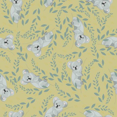 Ayı koalasında sonsuz desen, zeytin arka planında hayvan deseni.