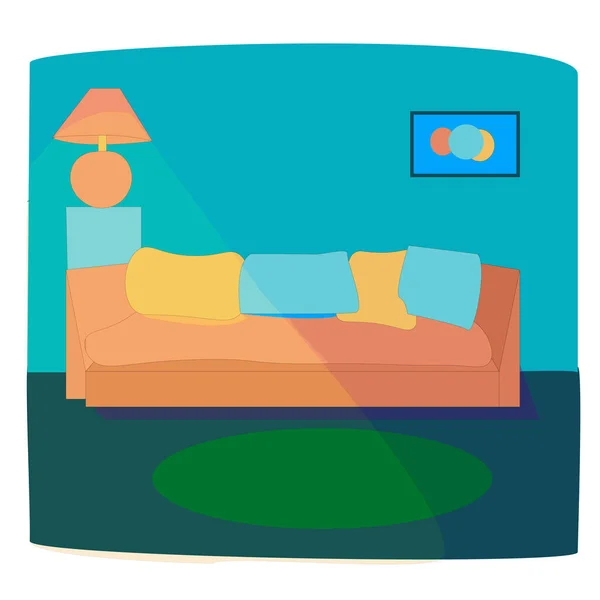 oda turuncu kanepe, lamba ve yeşil halı.