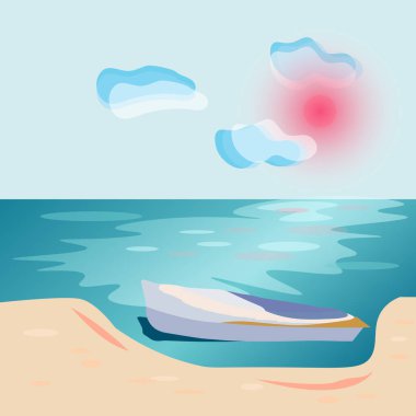 Mavi okyanus şafak vektör çizimi yalnız bir balıkçı teknesi silueti ile.
