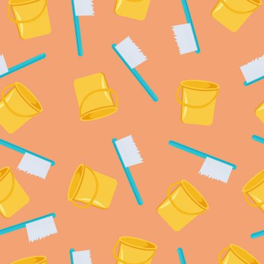  Temizlik şirketi vektörleri pürüzsüz desen, kovalar ve fırça