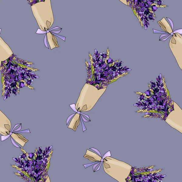 Patroon van boeketten van lavendel en tarwe op een gekleurde achtergrond — Stockvector