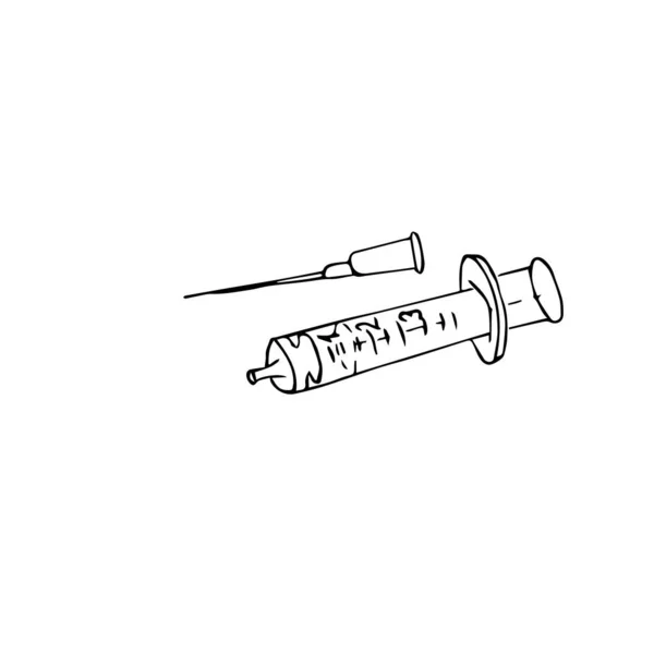 Zdravotnický prostředek, injekční stříkačka, náčrt na bílém pozadí — Stockový vektor