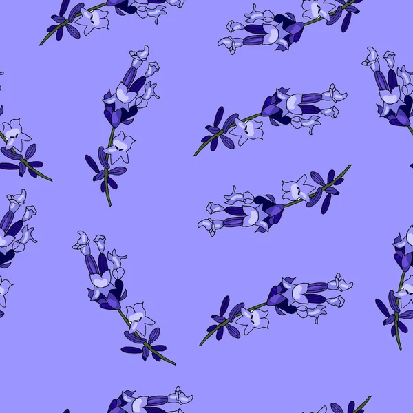 Flores de lavanda, sobre fondo púrpura lavanda. Patrón sin fin . — Vector de stock