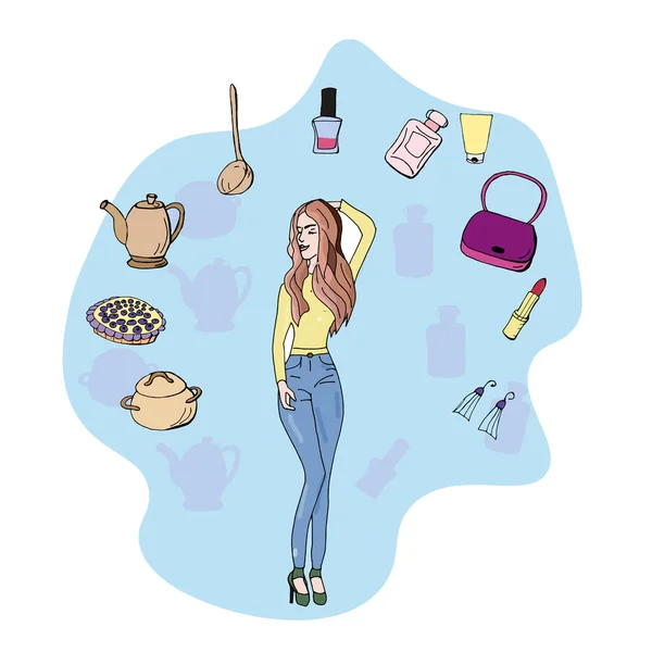 Kız, vernik, parfüm, tencere, kepçe, kek. Kadınların hobileri, ilgi alanları