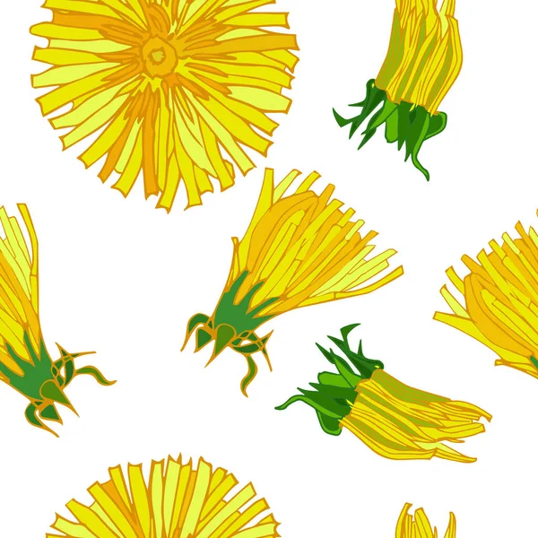 Świeże wektor wiosna powtarzać wzór z kwitnących kwiatów mniszka lekarskiego na żółtym tle. — Wektor stockowy