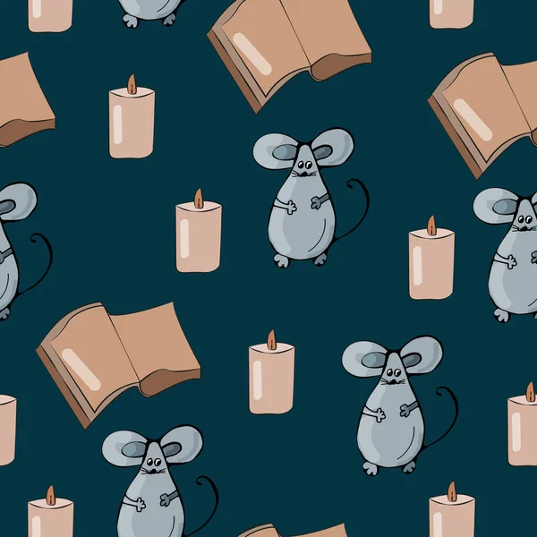 Bitmek bilmeyen fare deseni, kitaplar, karanlık arka planda mumlar. Masalların teması, sırlar.