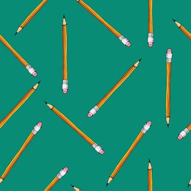 Düz şekilli basit kalemlerle kusursuz geometrik desen. yeşil bir arkaplanda