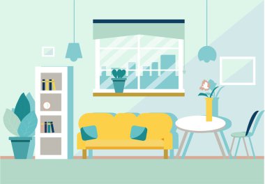 Bir koltuktan, masadan, gardıroptan, sandalyeden, sarı ve mavinin pencere perdelerinden.