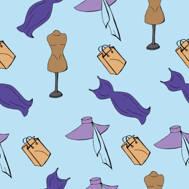 Kusursuz bir geçmiş ve alışveriş eskizleri. Mavi arka planda kadın şapkaları ve aksesuarları. Moda arkaplanı.