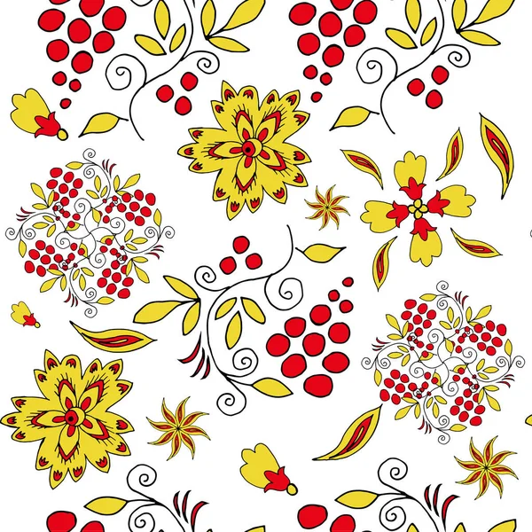 Folk art naadloos monochroom patroon met bloemen op een witte achtergrond — Stockvector