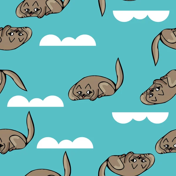 Mavi arka planda bulutların ve kedilerin olduğu çocukça bir model. Hayvanlar - dekorasyon için karalamalar