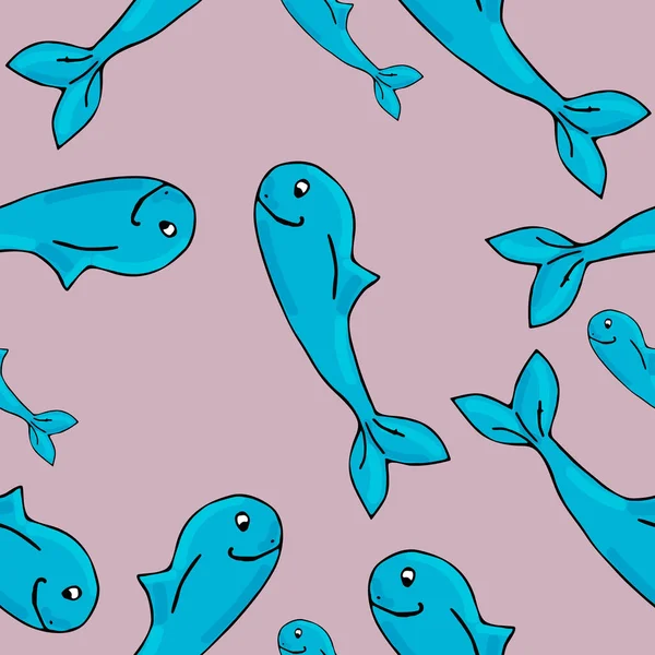 Dziecinny wzór z wielorybami. Doodle ryb do dekoracji tkanin dziecięcych, odzieży, produktów drukarskich. — Wektor stockowy