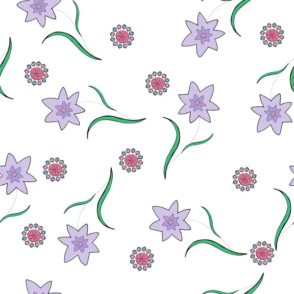 Modèle sans fin de fleurs et de feuilles sur un fond blanc. Doux, fond floral de printemps. — Image vectorielle