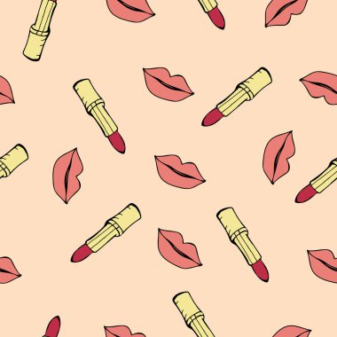 Profesyonel makyöz geçmişi. Rujlu, pürüzsüz, pembe dudaklı. Moda tarzında el çizimi moda sanat illüstrasyonu.