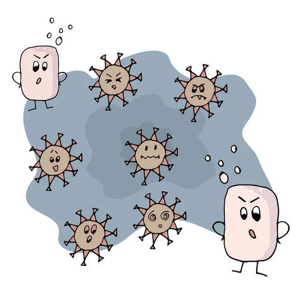 Le savon combat le virus pathogène. Une drôle d'illustration pour arrêter la propagation du coronavirus. — Image vectorielle