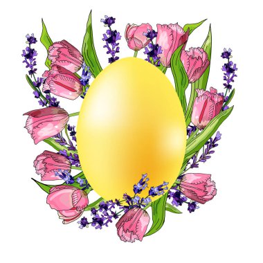  Lale çiçekleri ve lavanta ile süslenmiş yumurta. Kartpostallar için element, Paskalya 'da selamlar