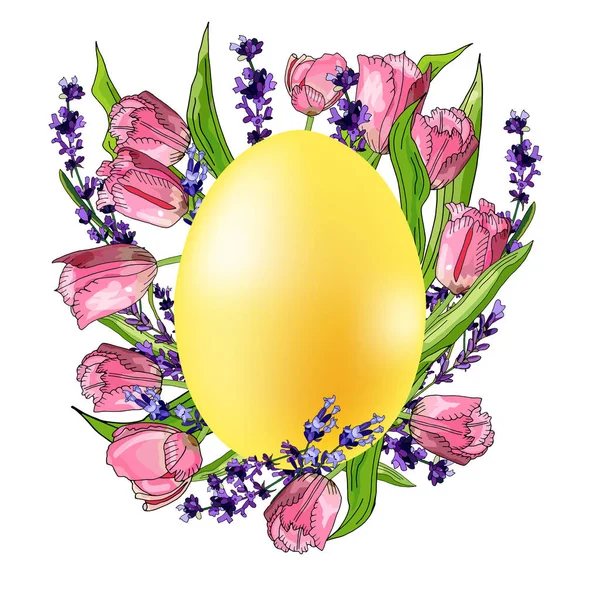  Lale çiçekleri ve lavanta ile süslenmiş yumurta. Kartpostallar için element, Paskalya 'da selamlar