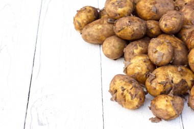 Kırsal alanda yıkanmamış yeni patatesler. Metin için boşluk.