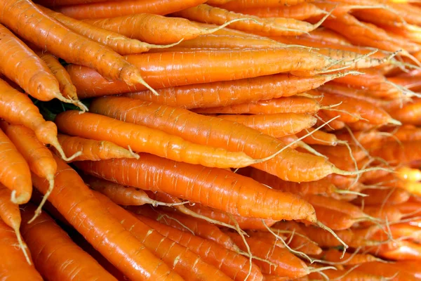 Muchas zanahorias dispuestas en una gran pila en un mercado de agricultores . — Foto de Stock
