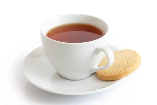 Weiße Keramiktasse und Untertasse mit Rooibos-Tee und Shortbread bis — Stockfoto