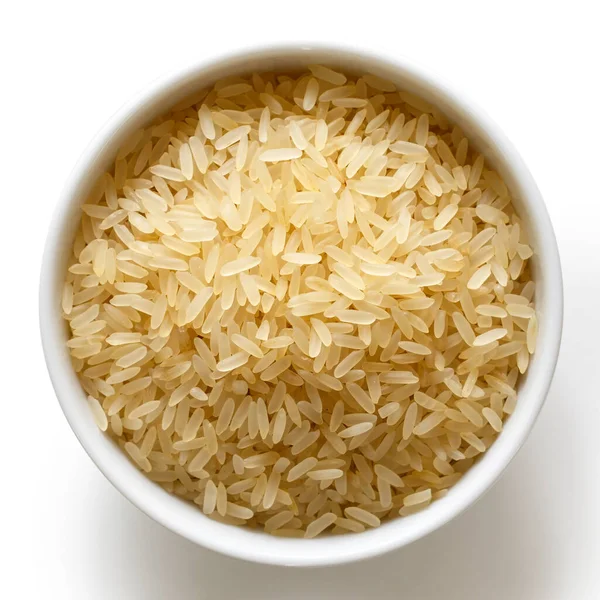 Cuenco de arroz cocido al vapor de grano largo aislado en blanco desde arriba . — Foto de Stock