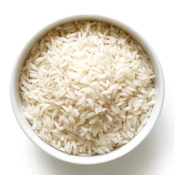 Cuenco de arroz blanco de grano largo aislado en blanco desde arriba . — Foto de Stock