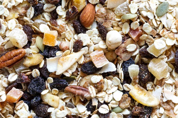 Fundo de frutas e nozes muesli de cima . — Fotografia de Stock