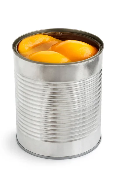 Open can of peach halves in syrup in perspective. Isolated on wh — Stock Photo, Image