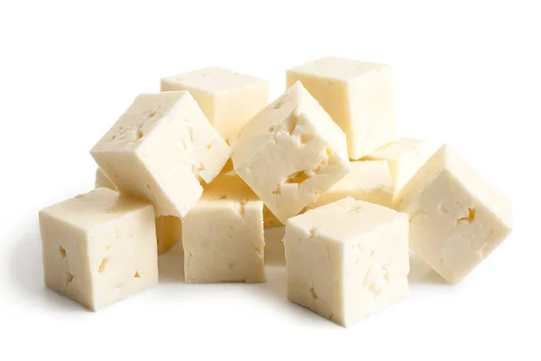 Square cubes of feta cheese isolated on white. — Stock Photo, Image